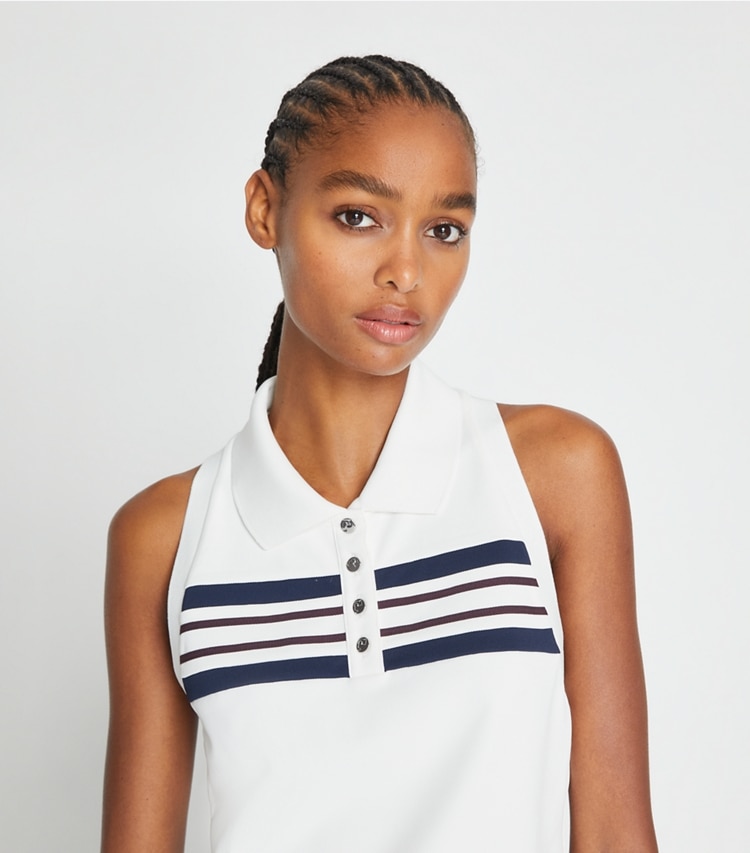 Tory Sport designer tops Tech Piqué Polo Tank in Snow White / Tory Navy / Winetasting on model detail
