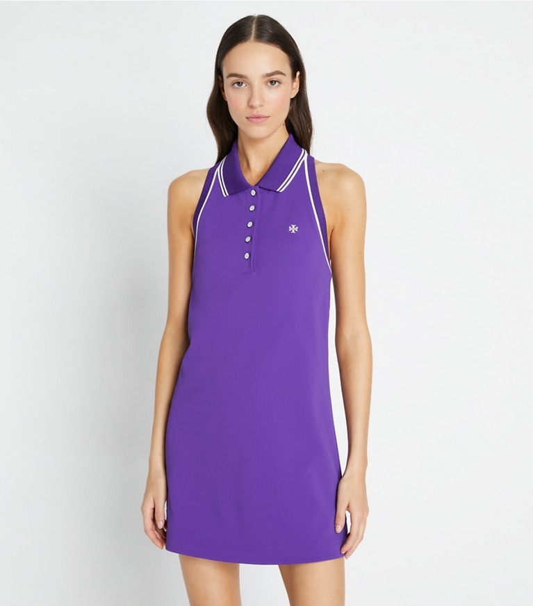 Tory Sport designer dresses Tech Piqué Racerback Tank Tennis Dress in Vibrant Purple / NEW IVORY front