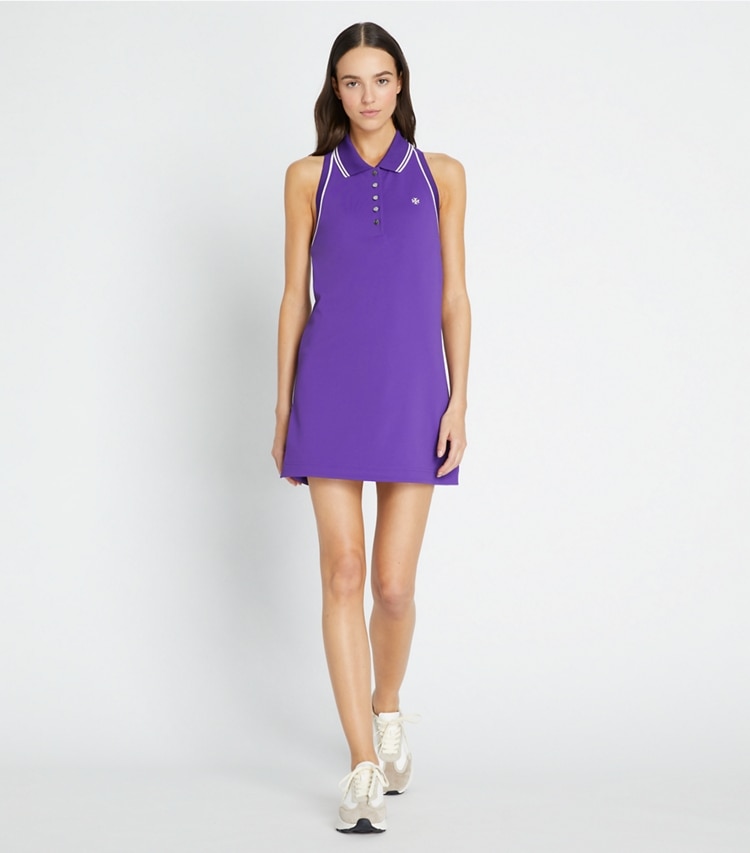Tory Sport designer dresses Tech Piqué Racerback Tank Tennis Dress in Vibrant Purple / NEW IVORY on model front