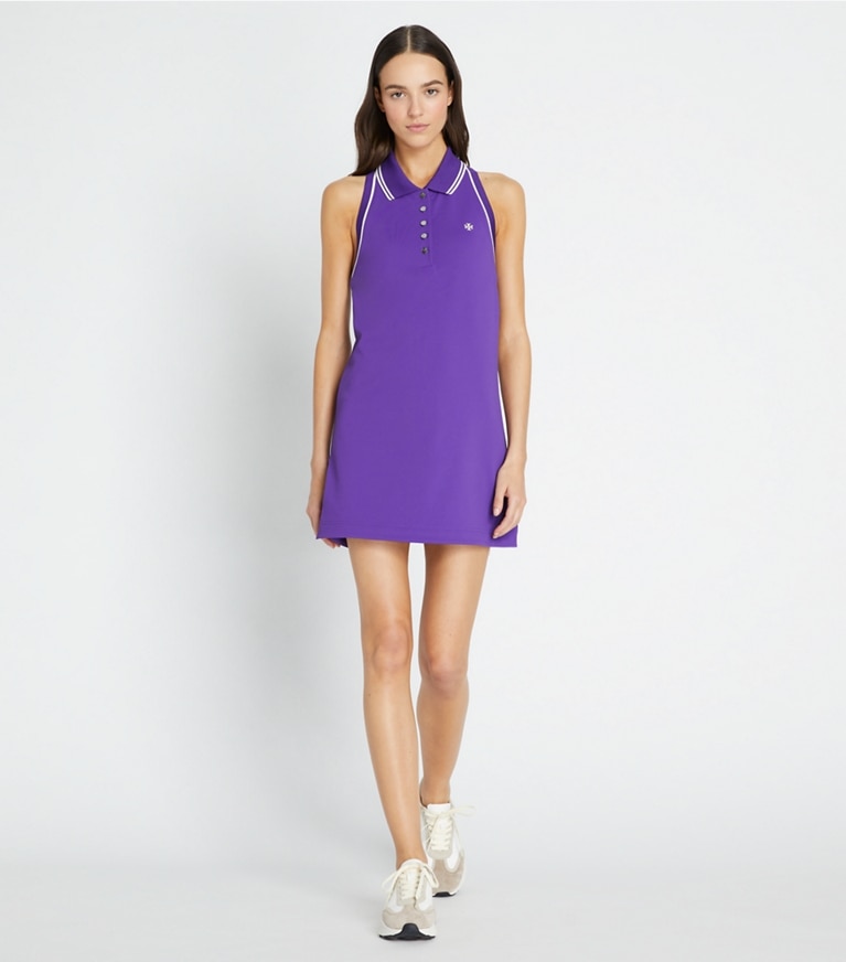 Tory Sport designer dresses Tech Piqué Racerback Tank Tennis Dress in Vibrant Purple / NEW IVORY front