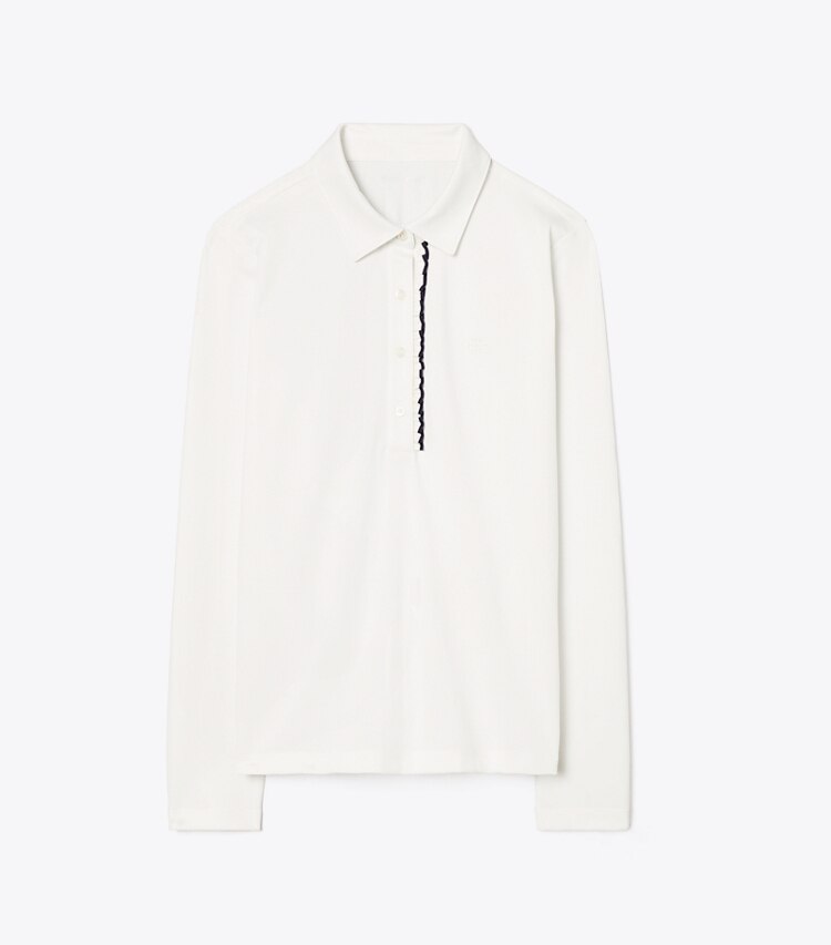 Tory Sport designer tops Tech Piqué Ruffle Long Sleeve Polo in Snow White / Tory Navy front