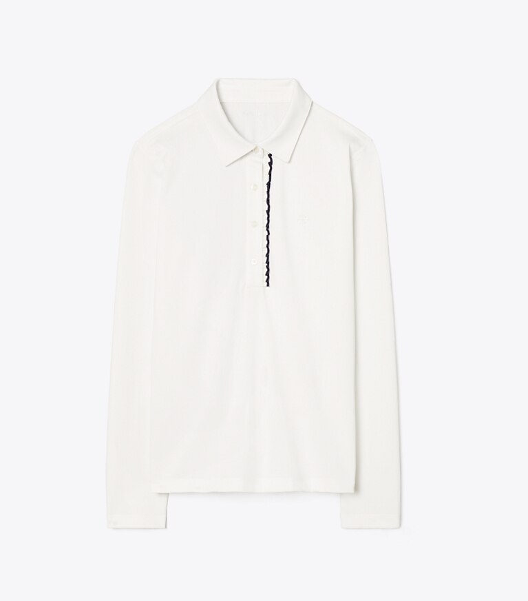Tory Sport designer tops Tech Piqué Ruffle Long Sleeve Polo in Snow White / Tory Navy front