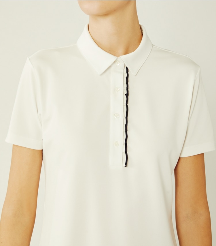 Tory Sport designer tops Tech Piqué Ruffle Polo in Snow White on model detail