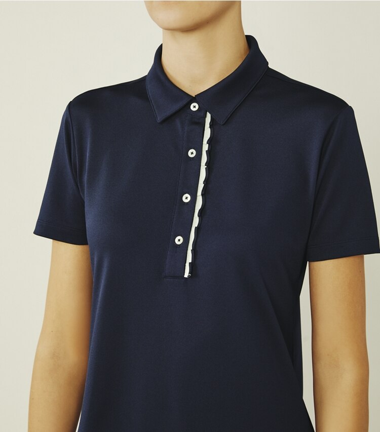 Tory Sport designer tops Tech Piqué Ruffle Polo in Tory Navy on model detail