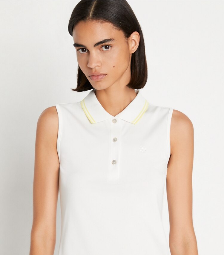 Tory Sport designer tops Tech Piqué Sleeveless Polo in Snow White / Lemon Glow on model detail