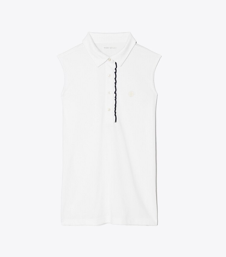 Tory Sport designer tops Tech Piqué Sleeveless Ruffle Polo in Snow White front