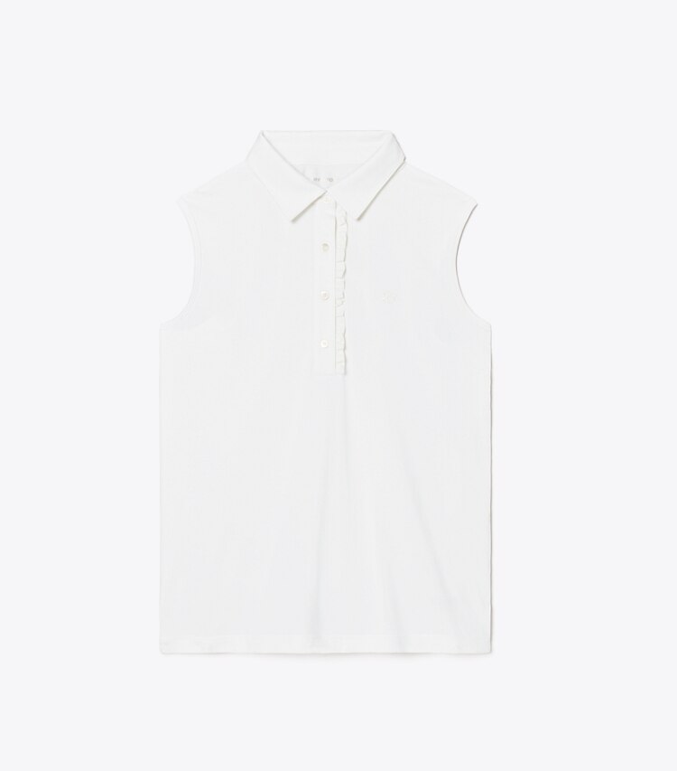 Tory Sport designer tops Tech Piqué Sleeveless Ruffle Polo in Snow White / Snow White front