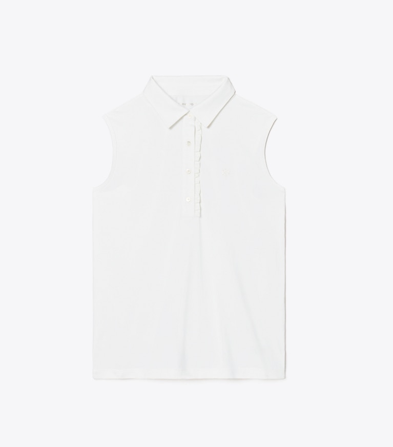 Tory Sport designer tops Tech Piqué Sleeveless Ruffle Polo in Snow White / Snow White front