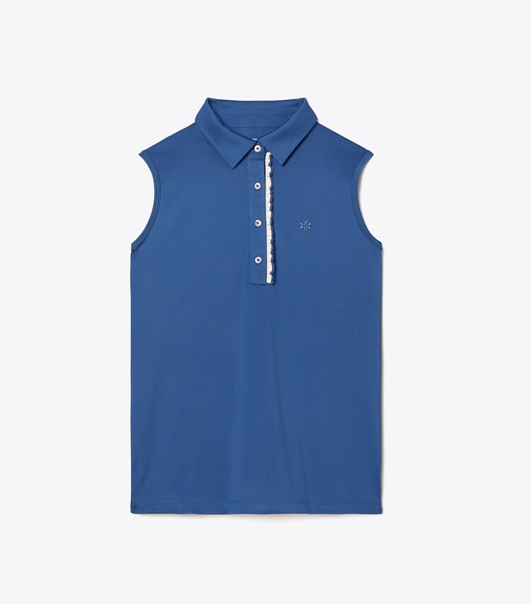 Tory Sport designer tops Tech Piqué Sleeveless Ruffle Polo in Blue Wash / Snow White front