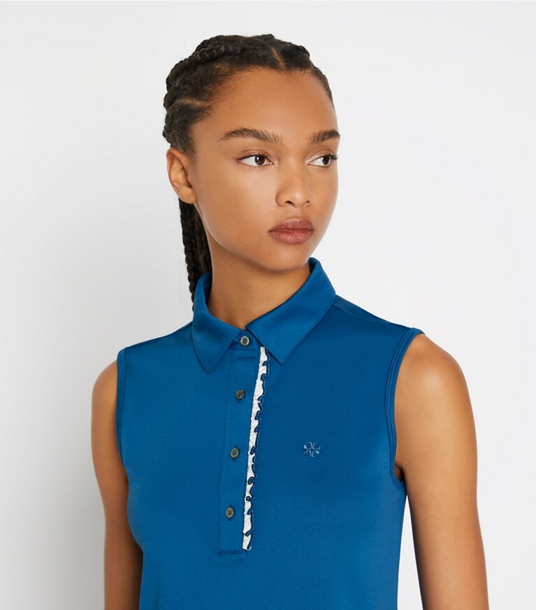 Tory Sport designer tops Tech Piqué Sleeveless Ruffle Polo in Blue Wash / Snow White front