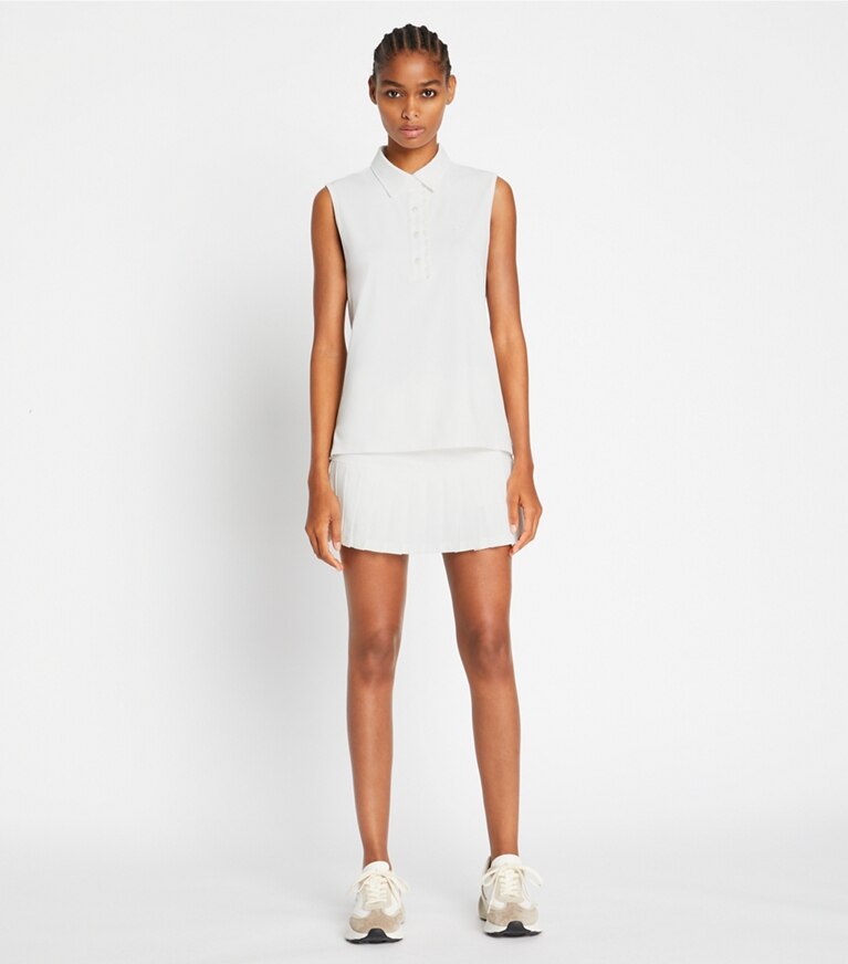 Tory Sport designer tops Tech Piqué Sleeveless Ruffle Polo in Snow White / Snow White front