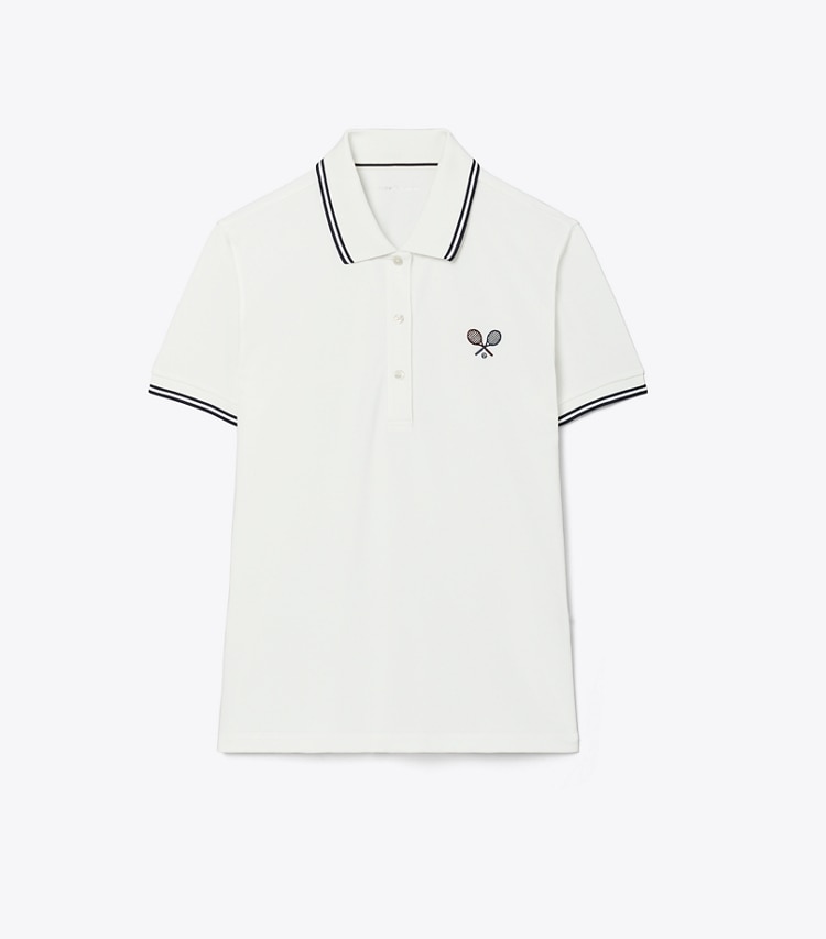 Tory Burch designer tops Tech Piqué Tennis Polo in Snow White / Tory Navy front