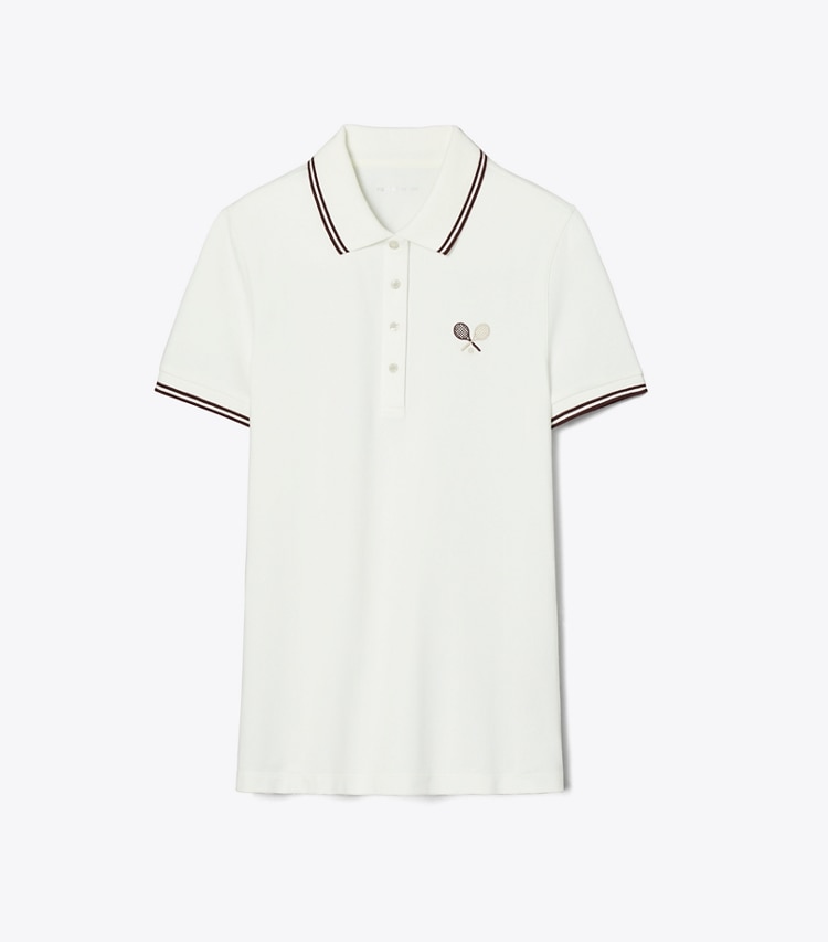 Tory Burch designer tops Tech Piqué Tennis Polo in Snow White / Dark Sangria front