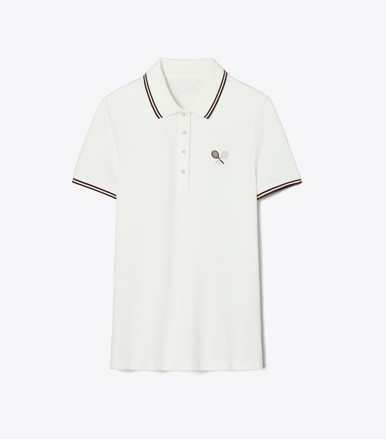 Tory Burch designer tops Tech Piqué Tennis Polo in Snow White / Dark Sangria front