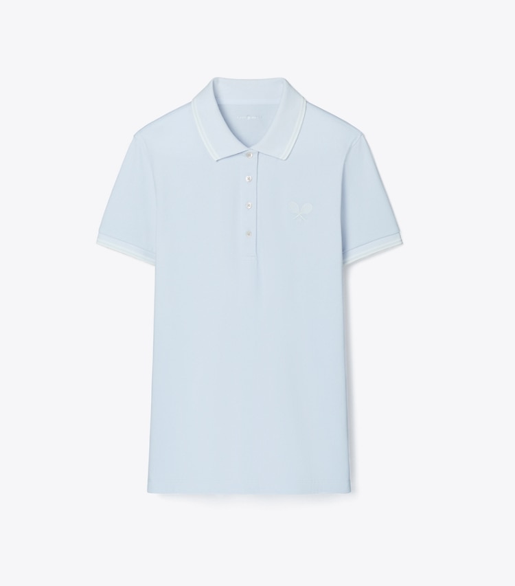 Tory Burch designer tops Tech Piqué Tennis Polo in Light Blue  / Snow White front