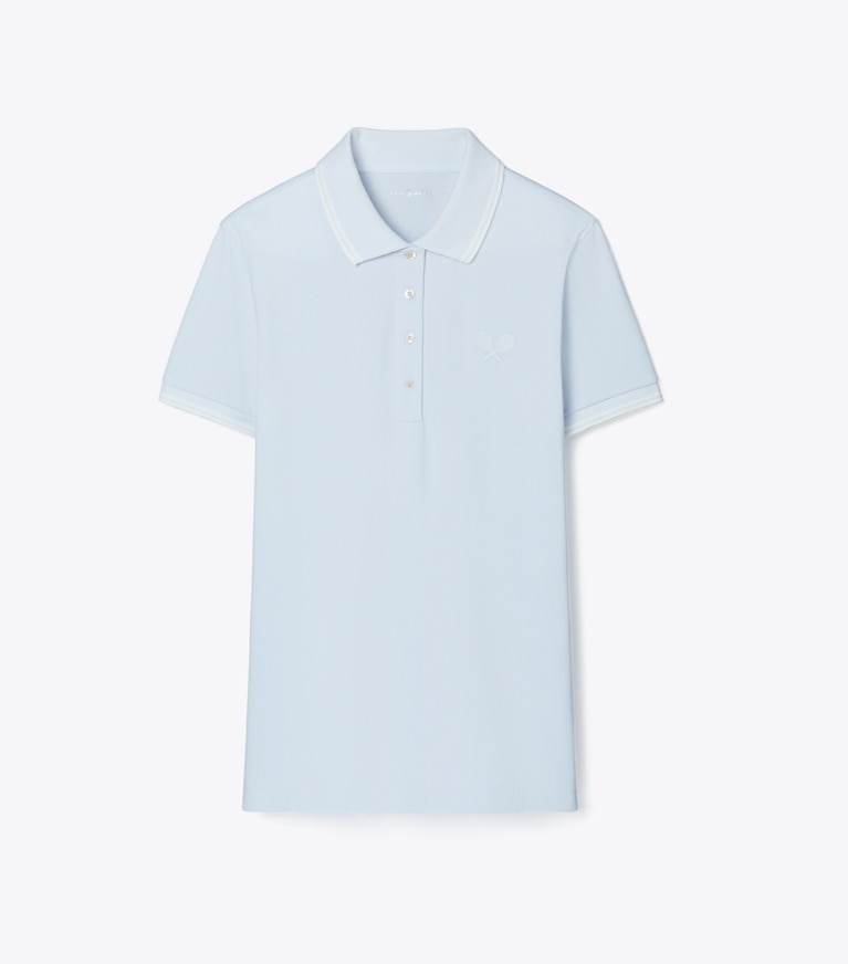 Tory Burch designer tops Tech Piqué Tennis Polo in Light Blue  / Snow White front