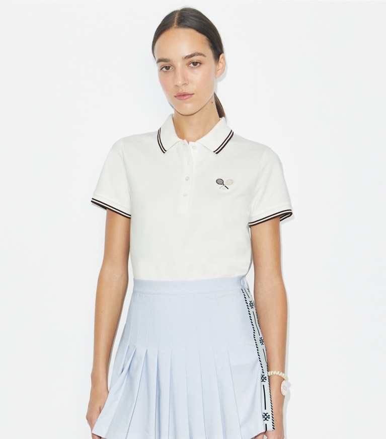 Tory Burch designer tops Tech Piqué Tennis Polo in Snow White / Dark Sangria front