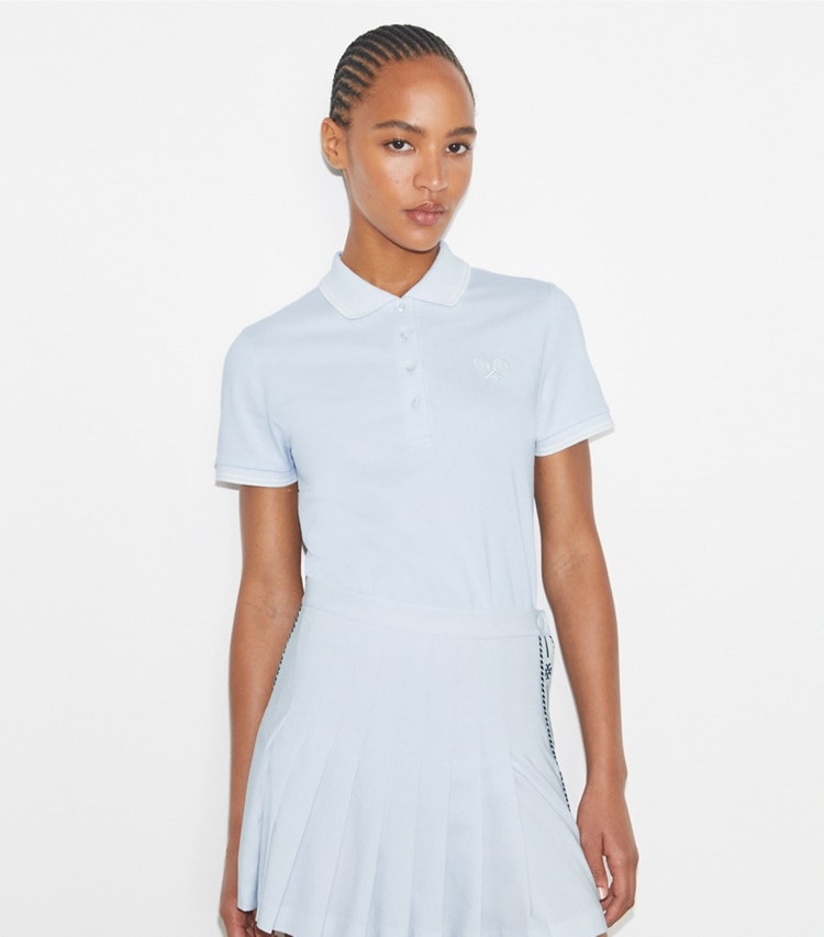 Tory Burch designer tops Tech Piqué Tennis Polo in Light Blue  / Snow White on model detail