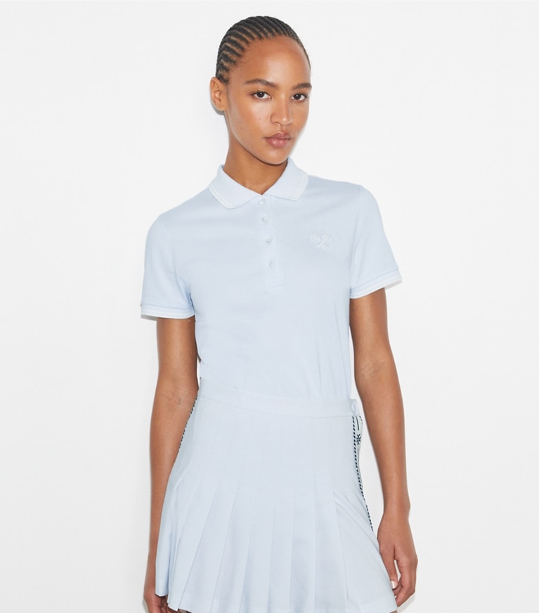 Tory Burch designer tops Tech Piqué Tennis Polo in Light Blue  / Snow White front