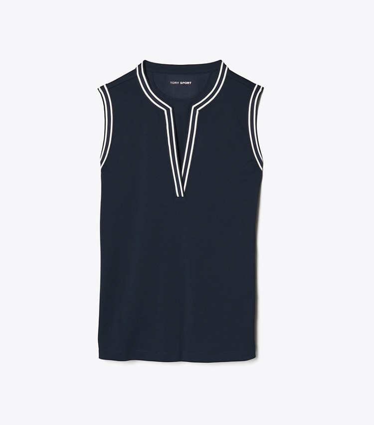 Tory Burch designer tops Tech Piqué Tunic Tank in Tory Navy front