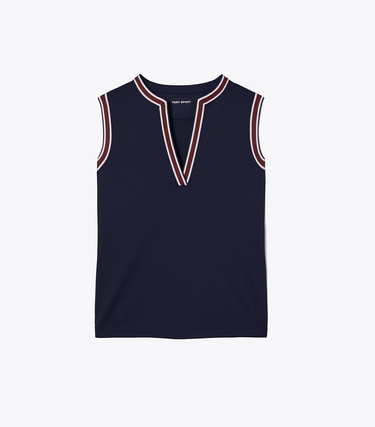 Tory Burch designer tops Tech Piqué Tunic Tank in Tory Navy / Winetasting front