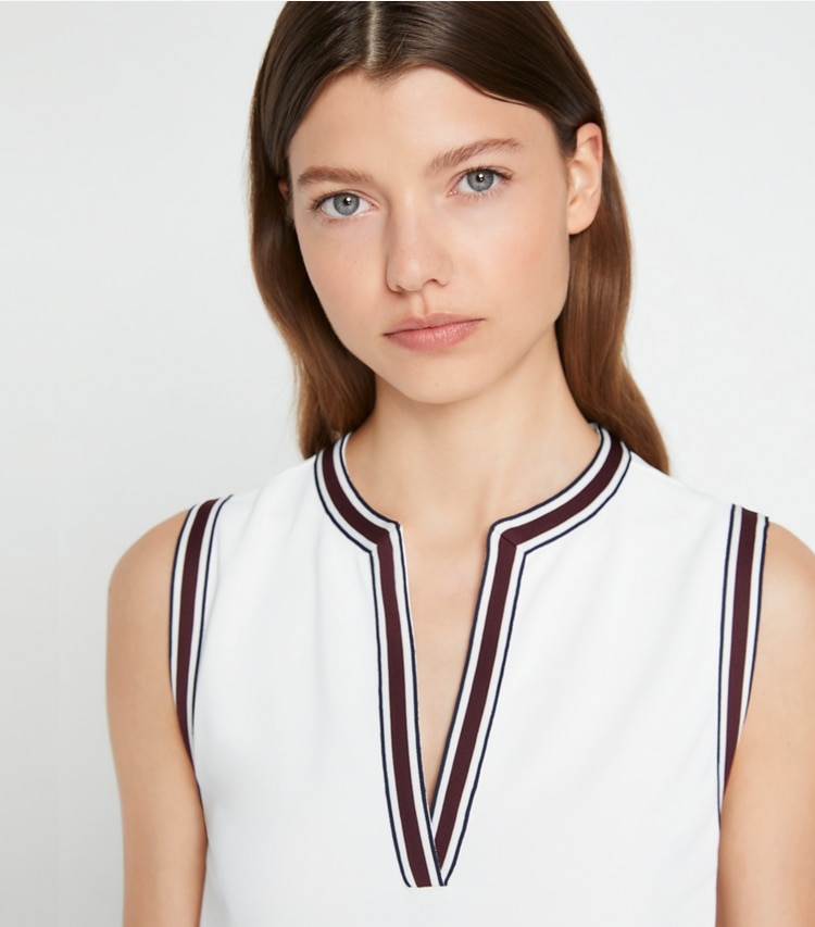 Tory Burch designer tops Tech Piqué Tunic Tank in Snow White / Winetasting on model detail