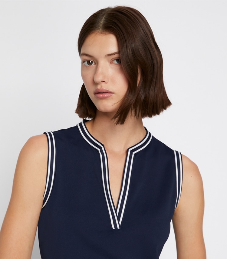 Tory Burch designer tops Tech Piqué Tunic Tank in Tory Navy on model detail