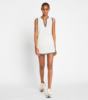 Tory Burch designer tops Tech Piqué Tunic Tank in Snow White on model front