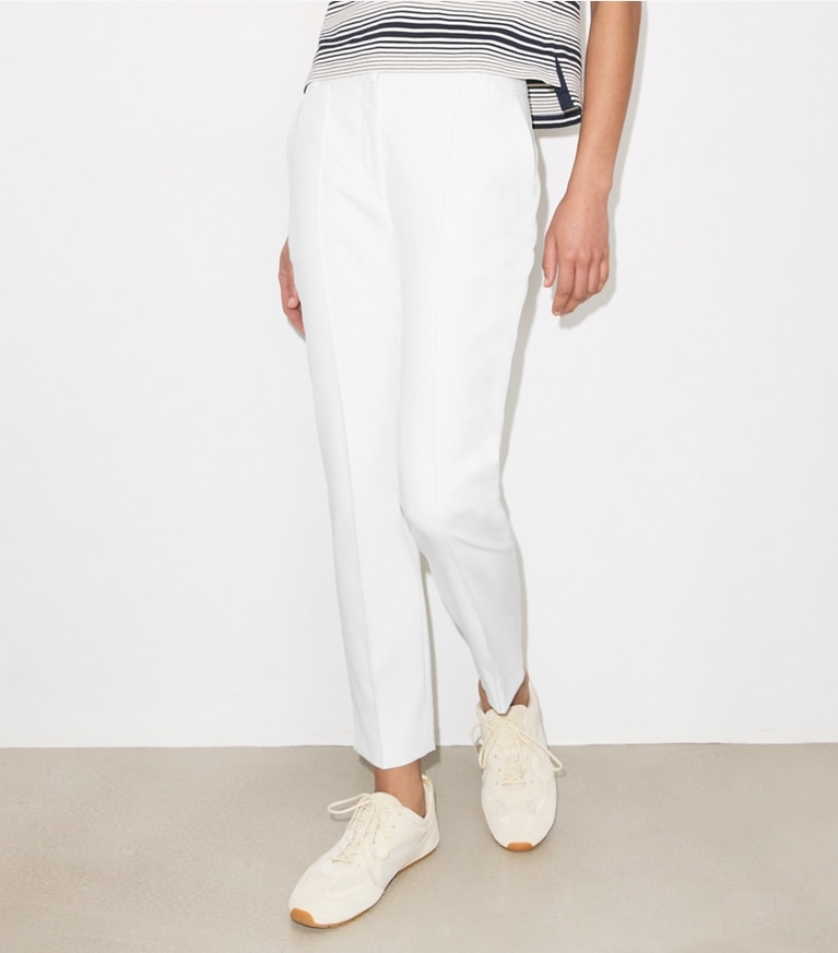 Tory Burch designer bottoms Tech Twill Golf Pant in Snow White on model detail