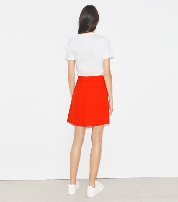Tory Burch designer bottoms Tech Twill Golf Skirt in Blazing Red on model back