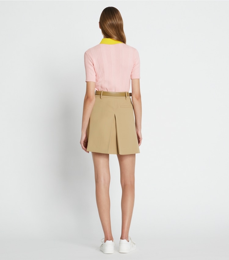 Tory Sport designer bottoms Tech Twill Golf Skirt in Pale Teak on model back