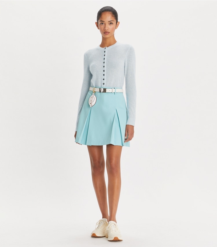 Tory Sport designer bottoms Tech Twill Golf Skirt in Pastel Sky on model front