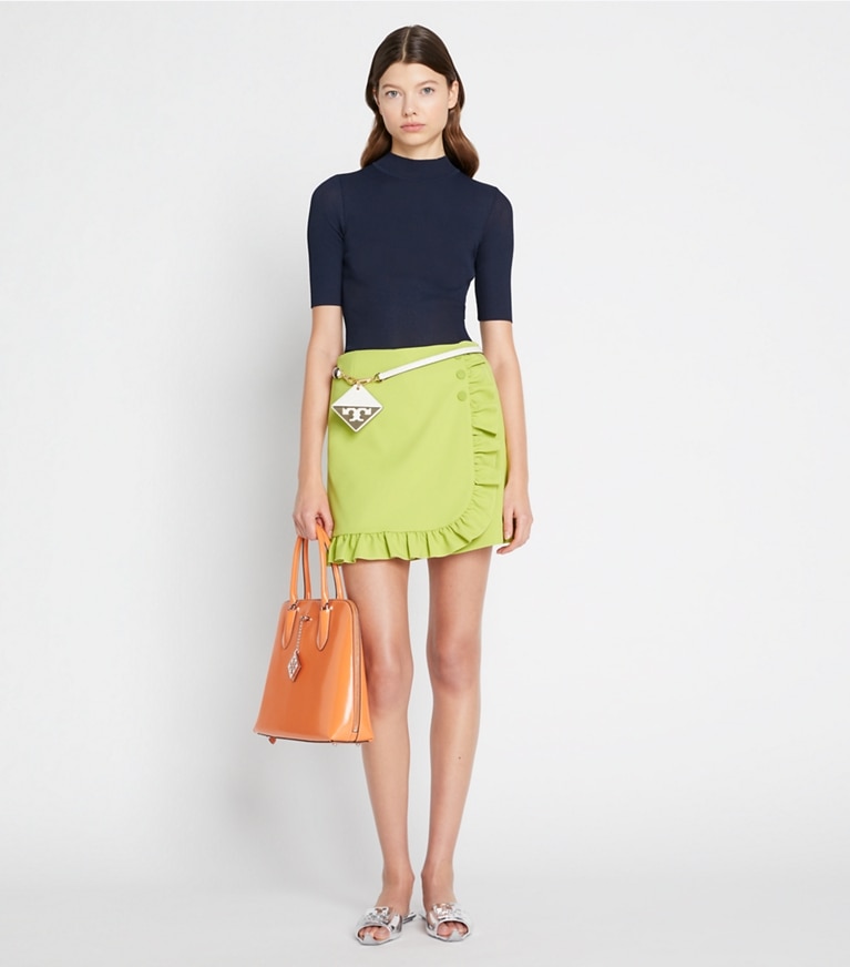 Tory Sport designer bottoms Tech Twill Ruffle Skort in Bright Chartreuse front