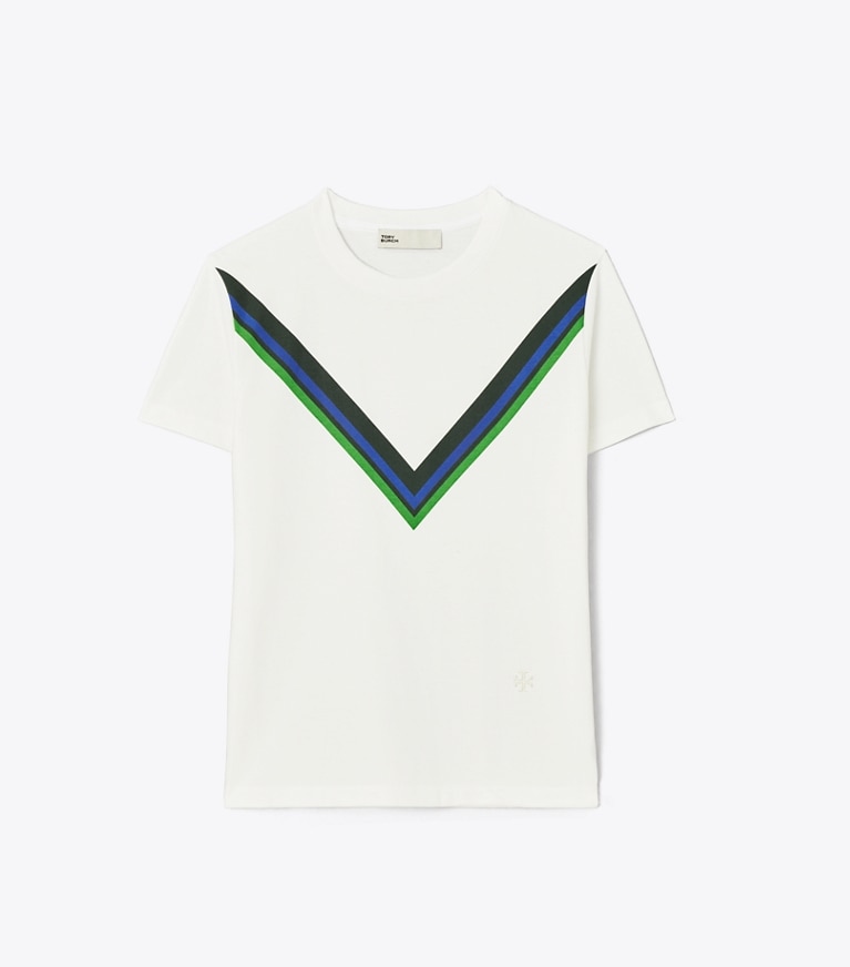 Tory Sport designer tops Tempo Chevron T-Shirt in Snow White / Conifer front