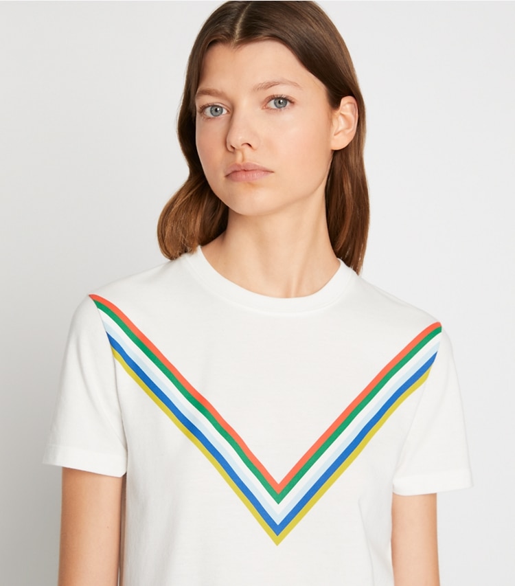 Tory Sport designer tops Tempo Chevron T-Shirt in Snow White on model detail