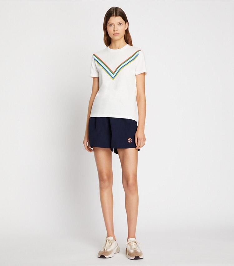 Tory Sport designer tops Tempo Chevron T-Shirt in Snow White on model front