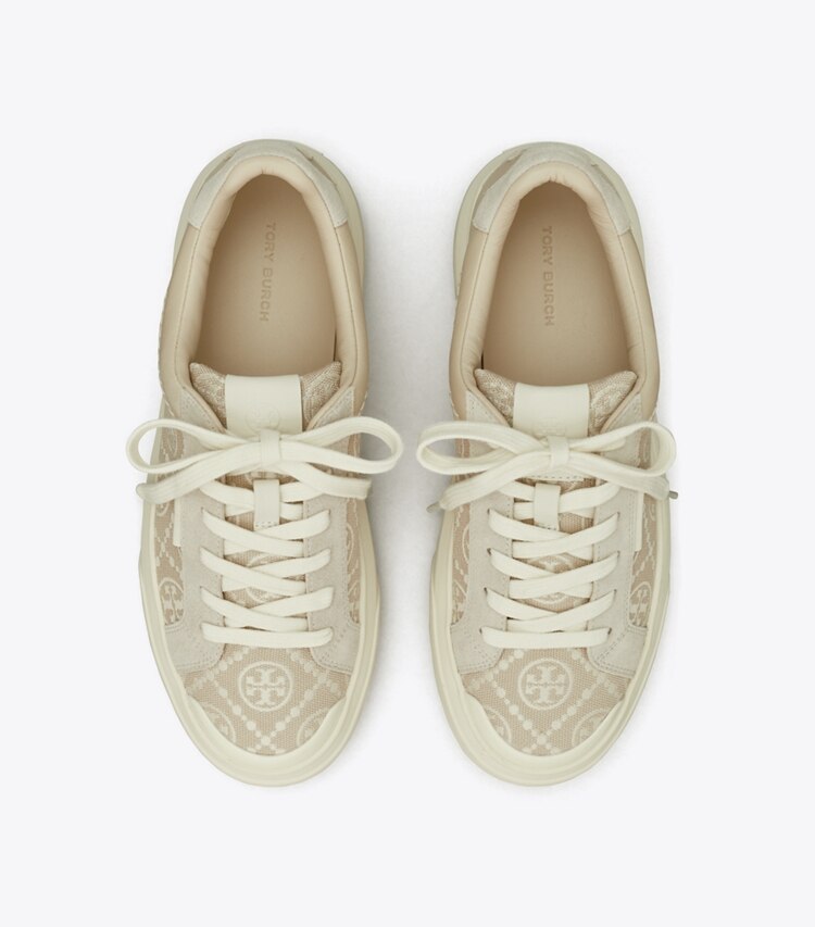 Tory Burch diseñador zapatillas Tenis con monograma de T Ladybug en BIRCH / NEW CREAM / CALCARE vista superior
