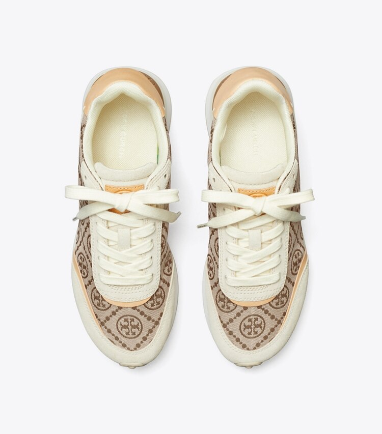 Tory Burch diseñador zapatillas Tenis Destiny con monograma de T en HAZEL / RIVER ROCK vista superior