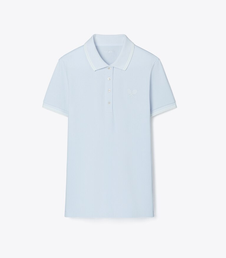 Tory Burch designer oberteile Tennis-Poloshirt aus Funktionspiqué in Light Blue  / Snow White front
