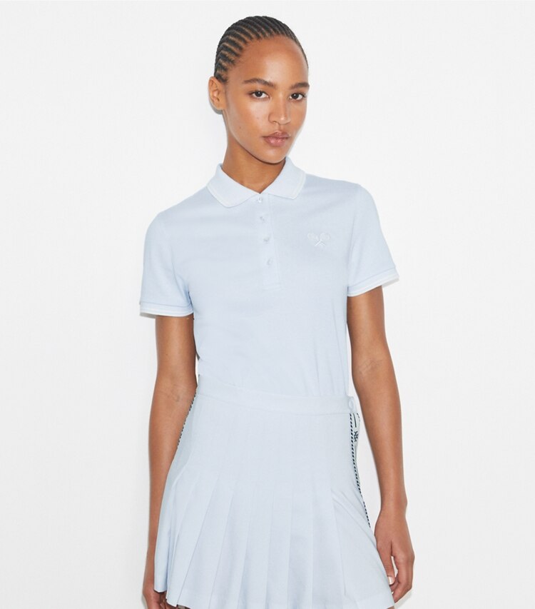 Tory Burch designer oberteile Tennis-Poloshirt aus Funktionspiqué in Light Blue  / Snow White on model detail