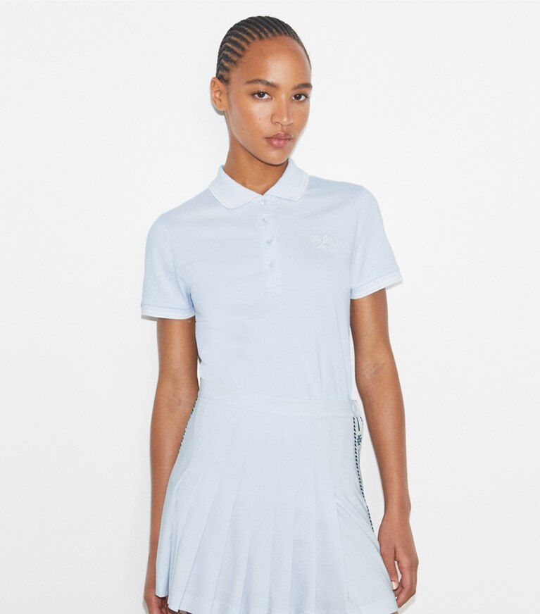 Tory Burch designer oberteile Tennis-Poloshirt aus Funktionspiqué in Light Blue  / Snow White front