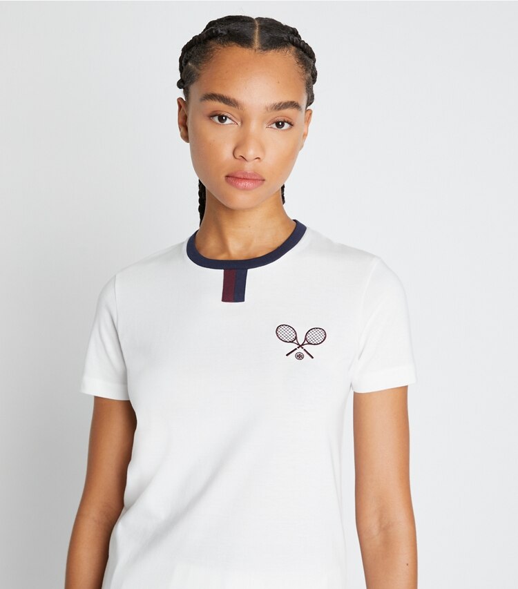 Tory Sport designer tops Tennis Ringer T-Shirt in Snow White on model detail