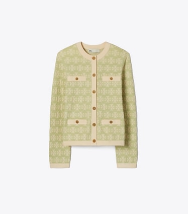 Tory Burch designer セーター テリー コットン カーディガン in Green / Vanilla front