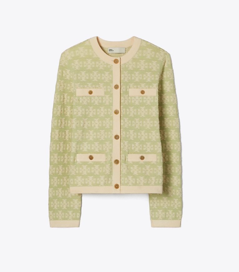Tory Burch designer セーター テリー コットン カーディガン in Green / Vanilla front