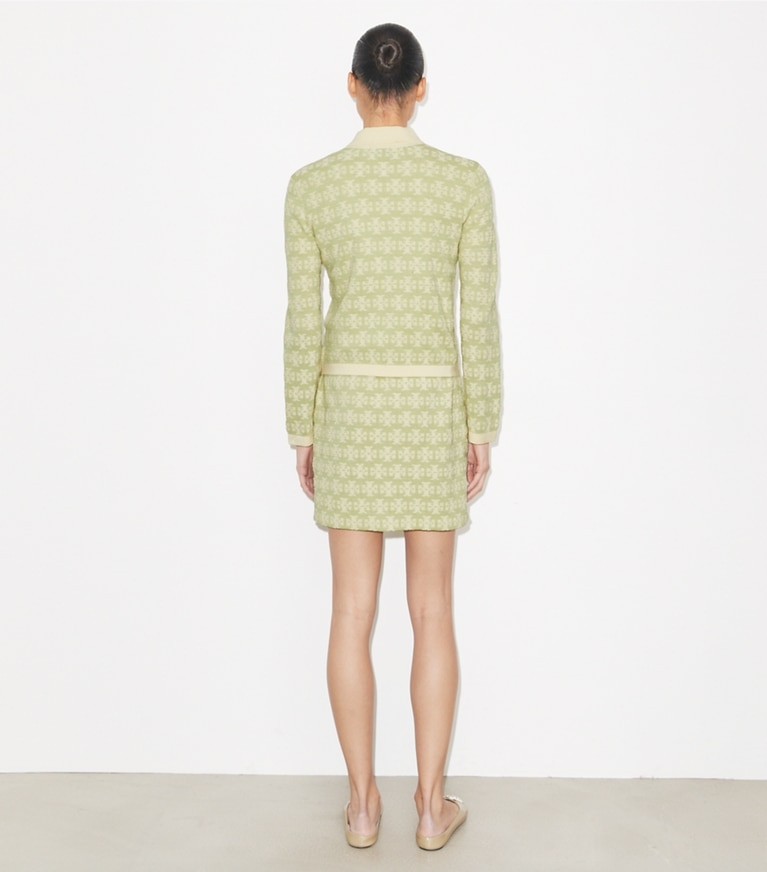 Tory Burch designer セーター テリー コットン カーディガン in Green / Vanilla on model back