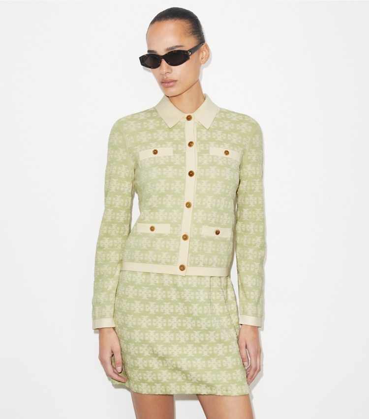 Tory Burch designer セーター テリー コットン カーディガン in Green / Vanilla on model detail