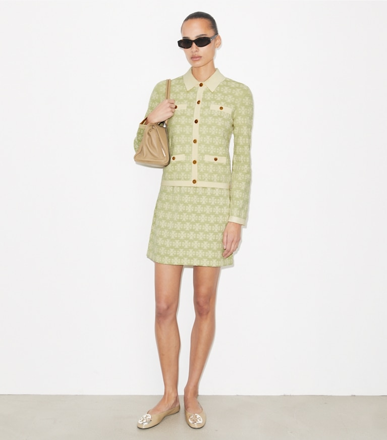 Tory Burch designer セーター テリー コットン カーディガン in Green / Vanilla モデル前面