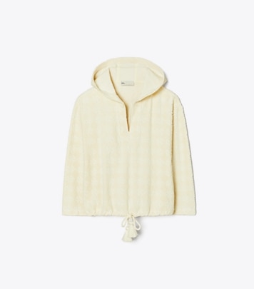 Tory Burch designer カバーアップ テリージャカード ロゴ フーディ in NEW IVORY front