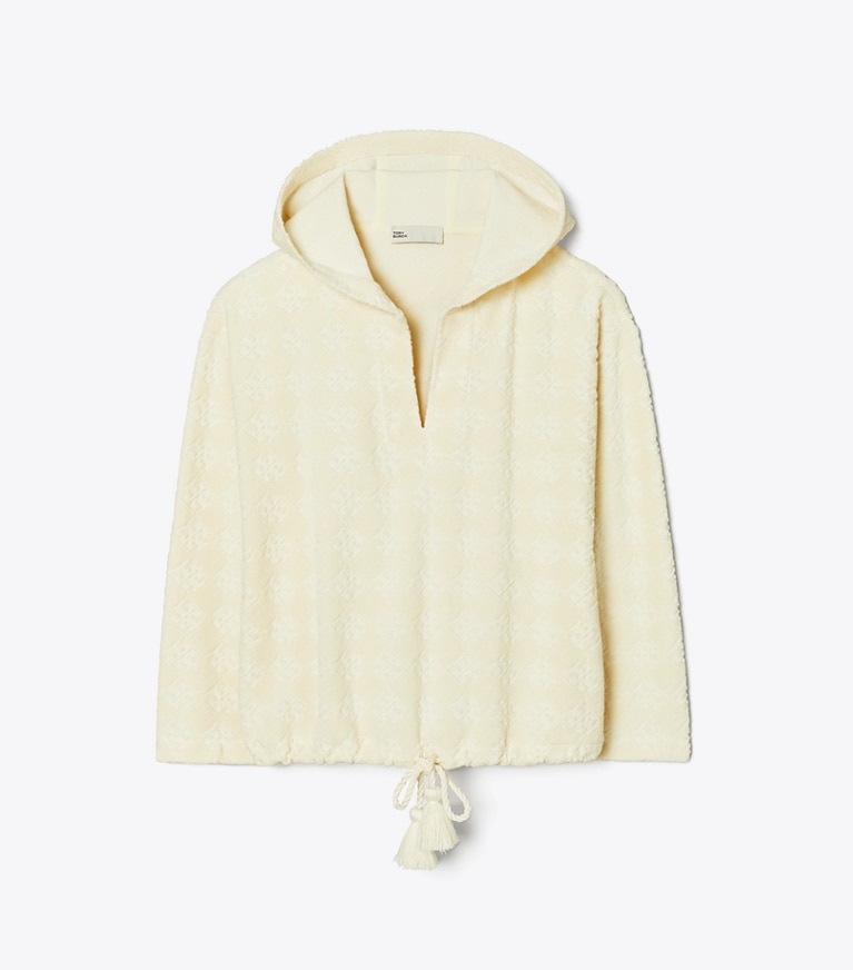 Tory Burch designer カバーアップ テリージャカード ロゴ フーディ in NEW IVORY front