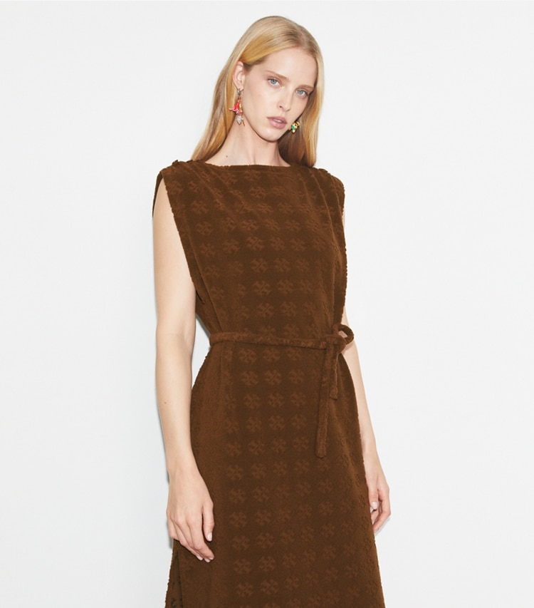 Tory Burch designer coverups Terry Jacquard Maxi Dress in Anise Brown on model detail